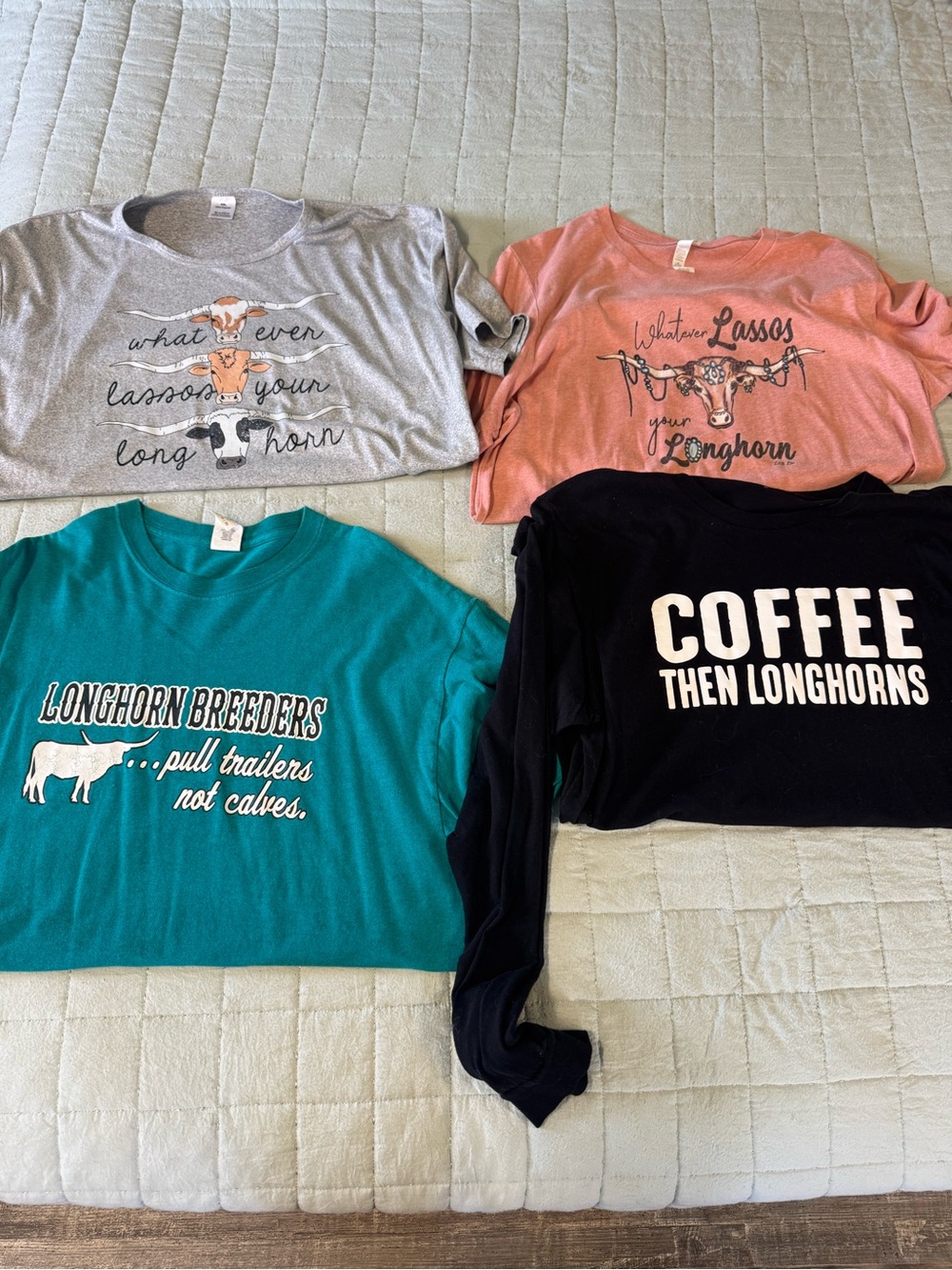 Gildan Teal, Gray, Coral, and Black Short Sleeve Tees with Longhorn Graphics